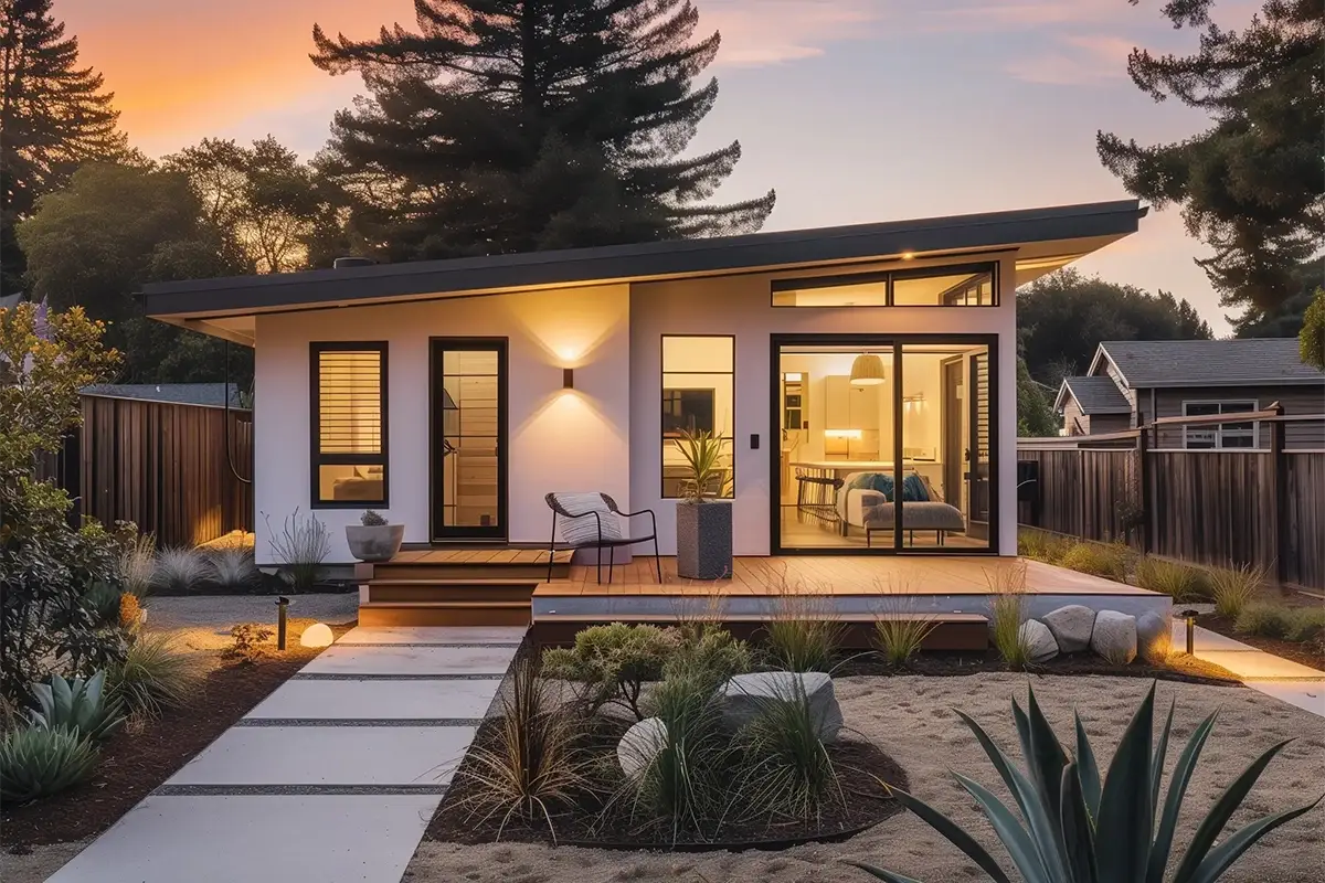 Drought-tolerant planting, agave and a paver walkway framing a finished detached unit at dusk